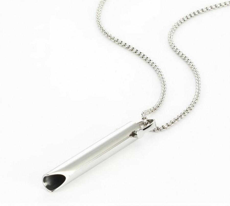 Slow-exhale breathing necklace in steel on a matching chain