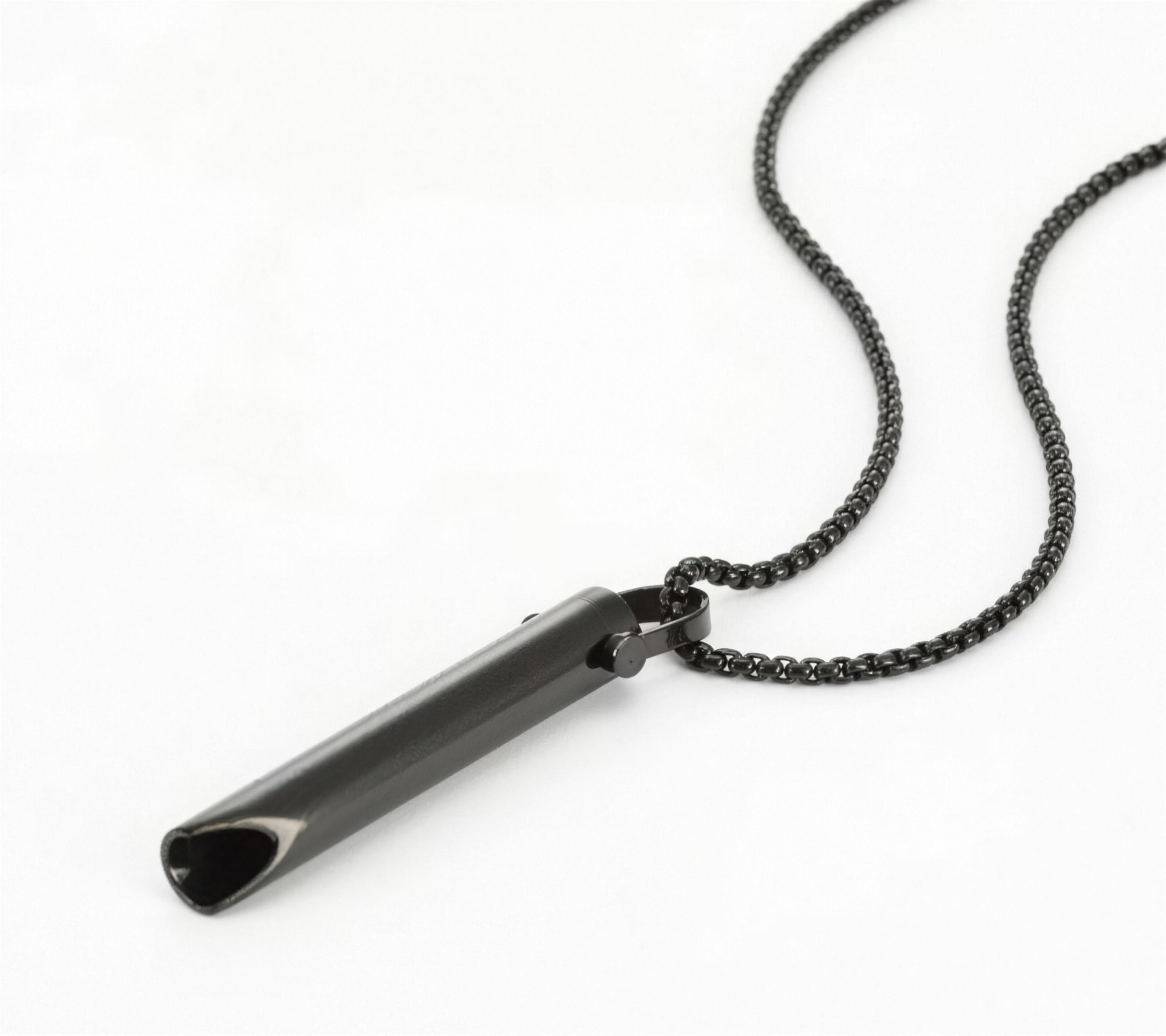 Slow-exhale breathing necklace in black on a matching chain