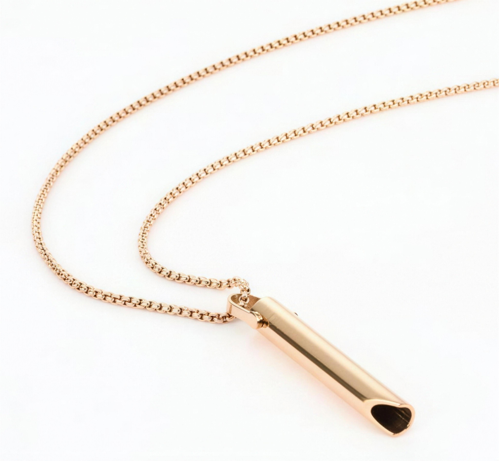 Slow-exhale breathing necklace in rose gold on a matching chain