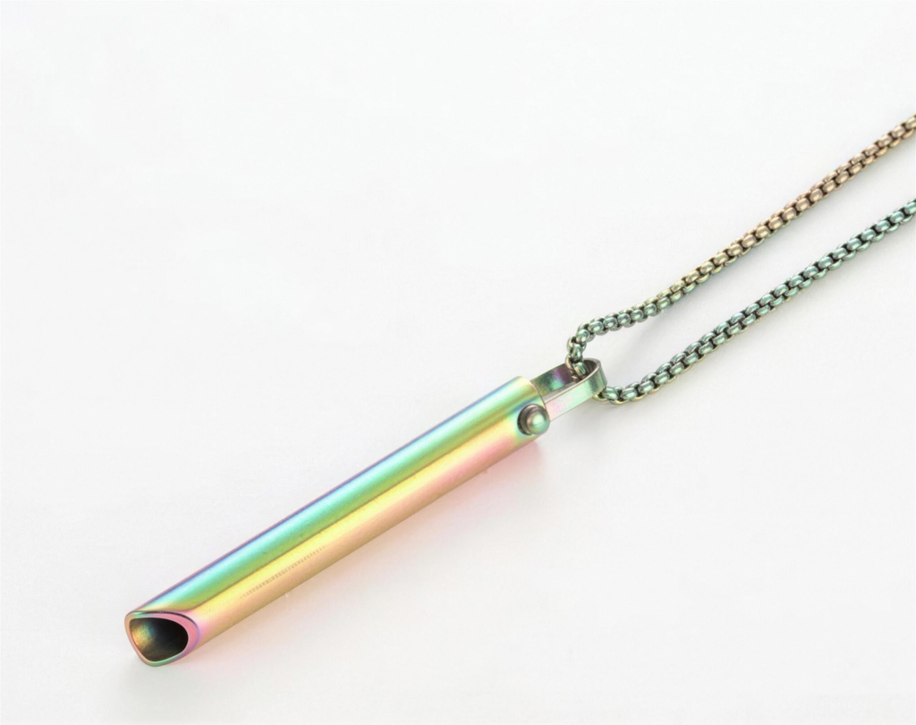 Slow-exhale breathing necklace in iridescent colorful finish on a matching chain